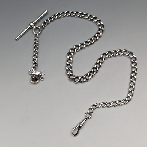 Circa 1910 British Antique Sterling Silver Albert Chain 34g Lion Fob with Amber